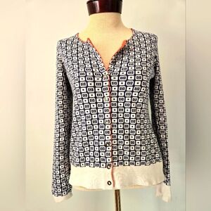 BANANA REPUBLIC Navy and White Patterned Cotton Cardigan. Size Small